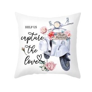 White Decorative Pillow Cover with Floral Scooter Design